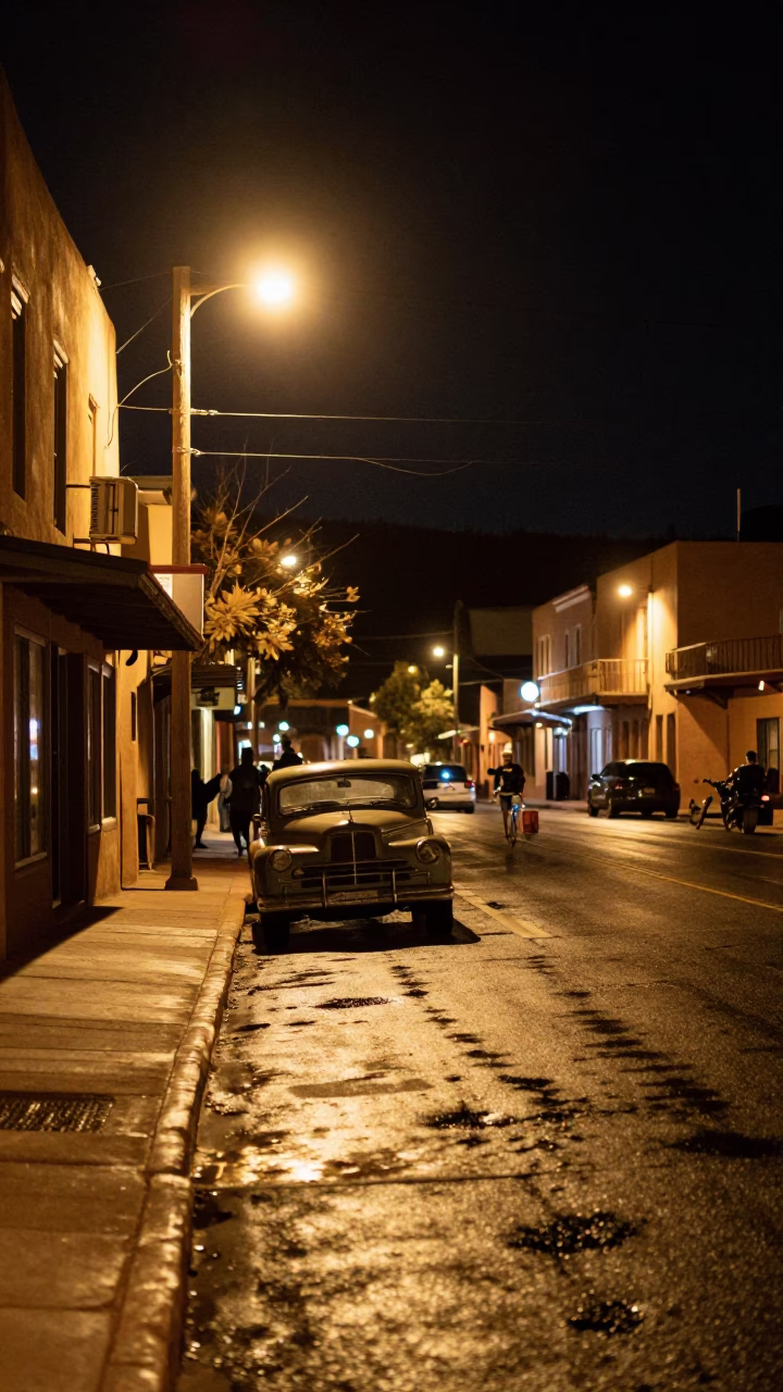 Late Night Santa Fe Street Scene with Vintage Car and Adobe Architecture in in Santa Fe, New Mexico, United States