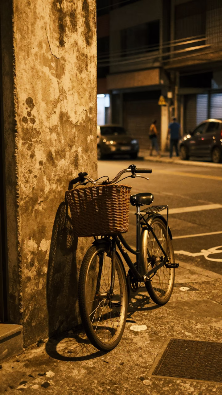 Late Night São Paulo Street Scene with Bicycle Basket and Urban Wall Details in in São Paulo, Brazil