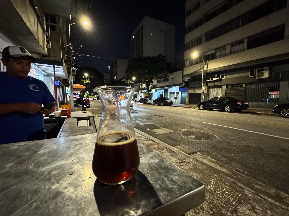 Late Night São Paulo Street Scene with Coffee Carafe and Urban Elements in in São Paulo, Brazil