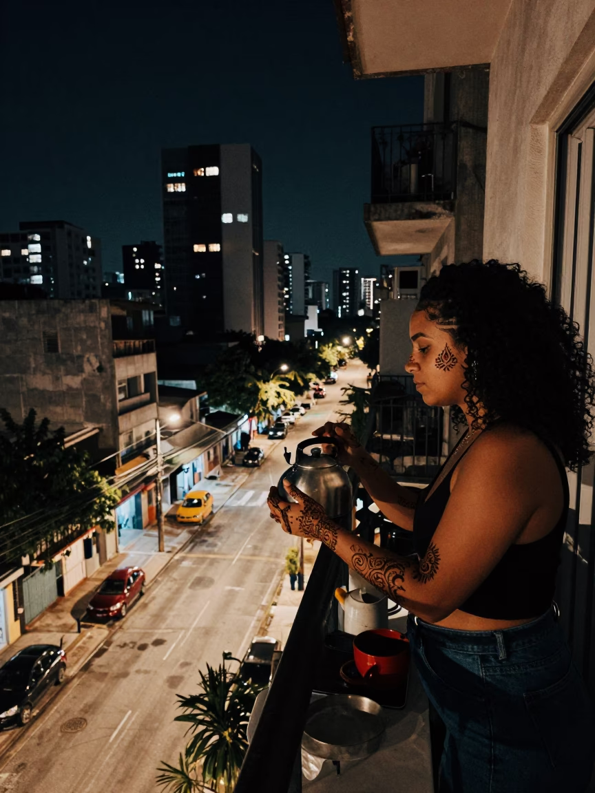 Late Night São Paulo Street Scene with Kettle and Kitchen Tongs on Balcony in in São Paulo, Brazil