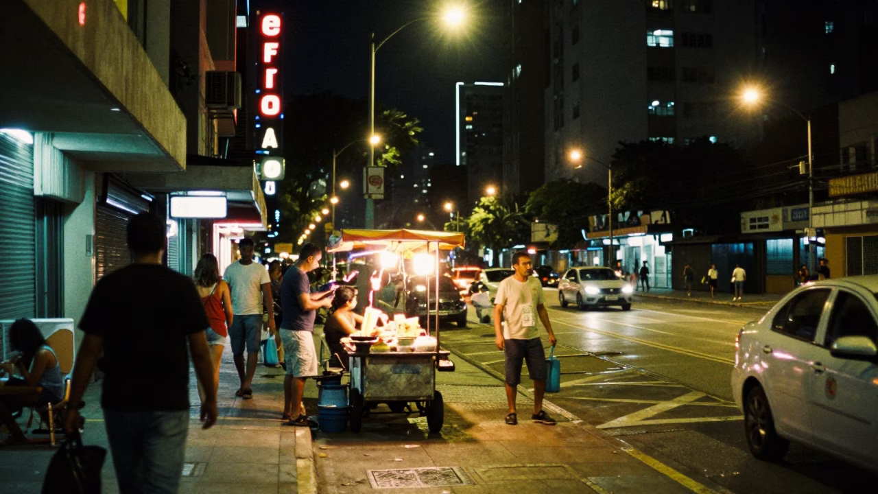 Late Night São Paulo Street Scene with Neon Lights and Urban Activity in in São Paulo, Brazil