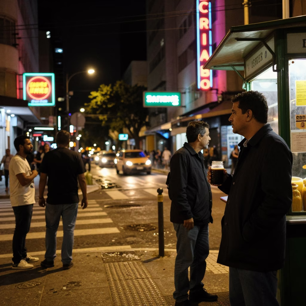 Late Night São Paulo Street Scene with Neon Lights and Urban Details in in São Paulo, Brazil