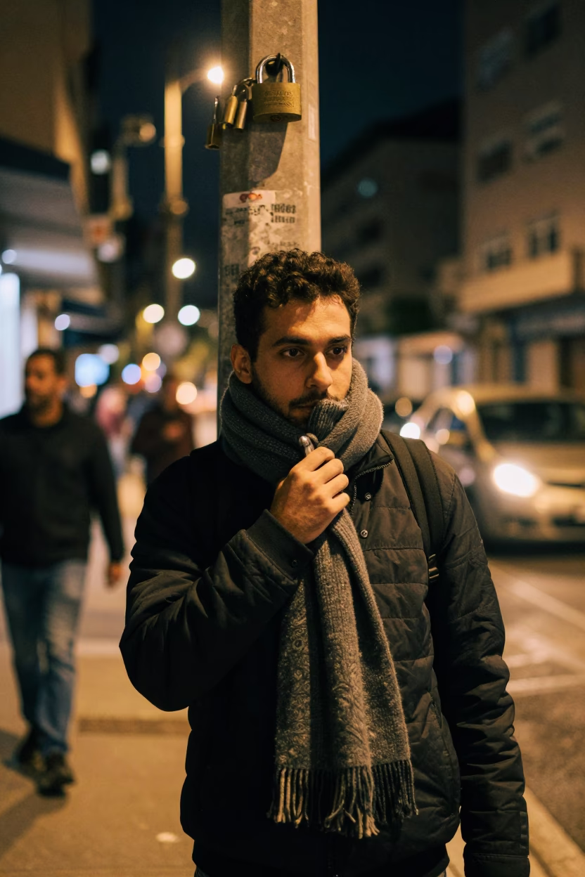 Late Night São Paulo Street Scene with Padlock and Scarf in in São Paulo, Brazil
