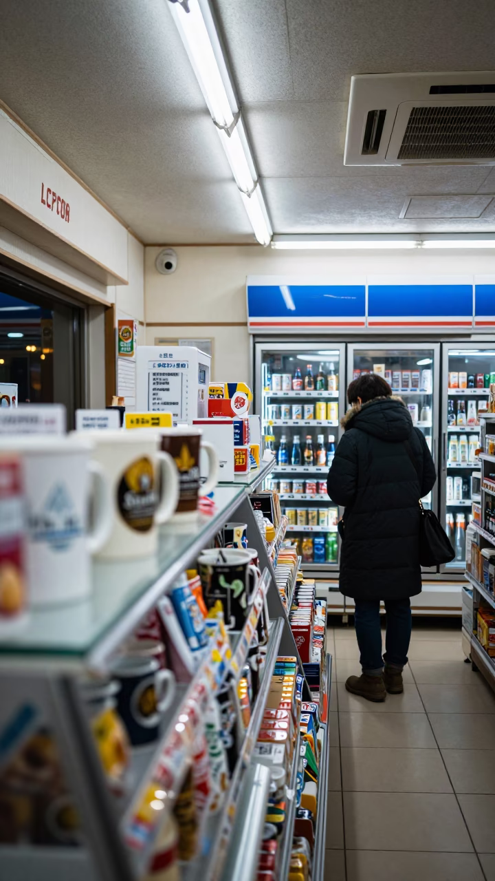 Late Night Sapporo Convenience Store Interior with Coffee Mugs and Condensation on Lamp Base in in Sapporo, Japan