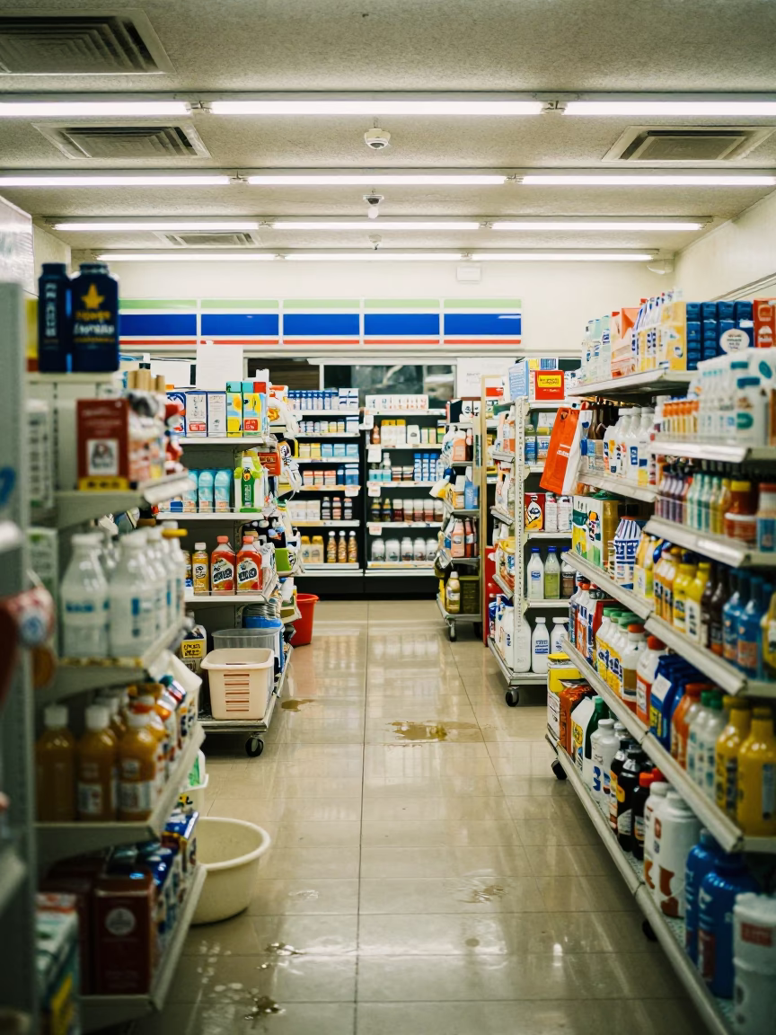 Late Night Sapporo Convenience Store Interior with Rolling Carts and Grease Sheen in in Sapporo, Japan