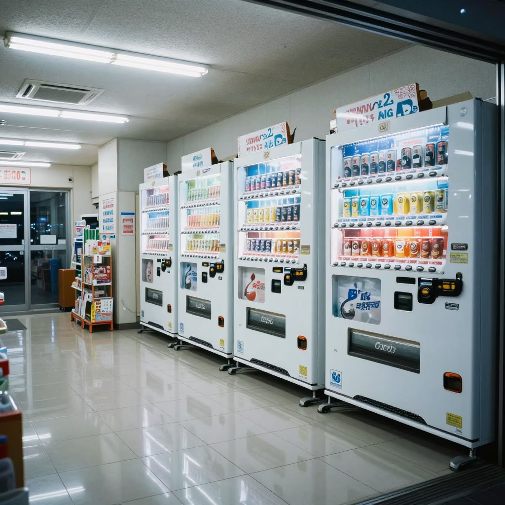Late Night Sapporo Convenience Store Interior with Vending Machines and Coffee in in Sapporo, Japan
