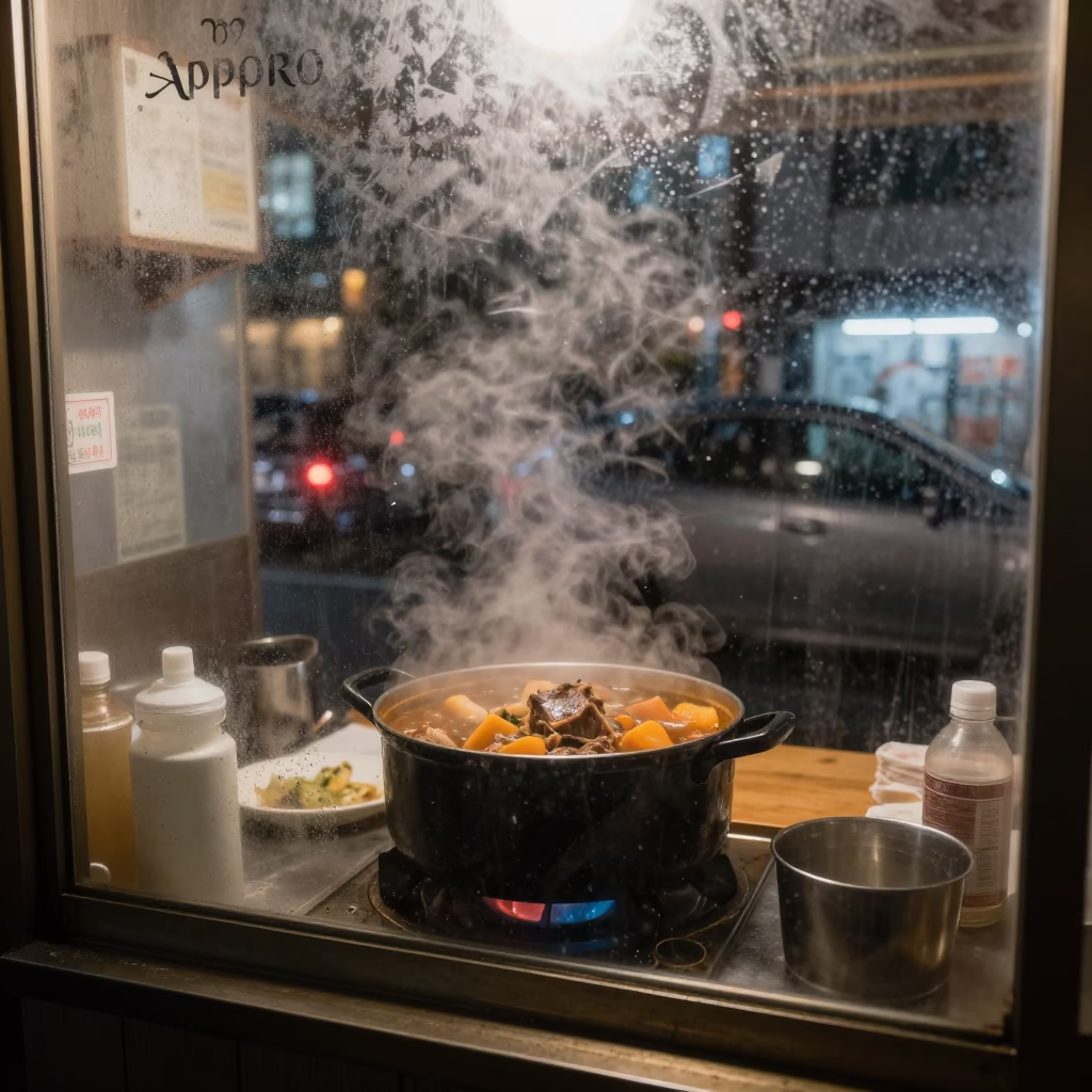 Late Night Sapporo Diner Window View with Car Light Trails and Steamy Food in in Sapporo, Japan
