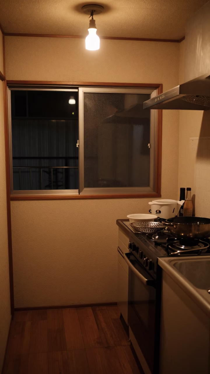 Late Night Sapporo Kitchen Interior with Sink Strainer and Grease Sheen in in Sapporo, Japan