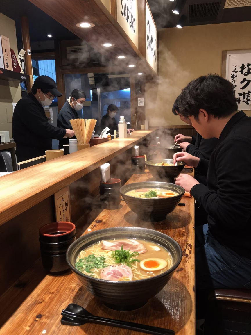 Late Night Sapporo Ramen Shop Interior with Steam and Urban Neon Reflections in in Sapporo, Japan