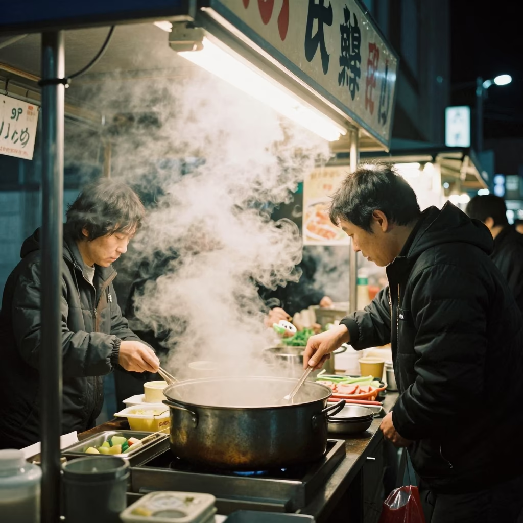 Late Night Sapporo Street Food Stall with Steam and Urban Background in in Sapporo, Japan