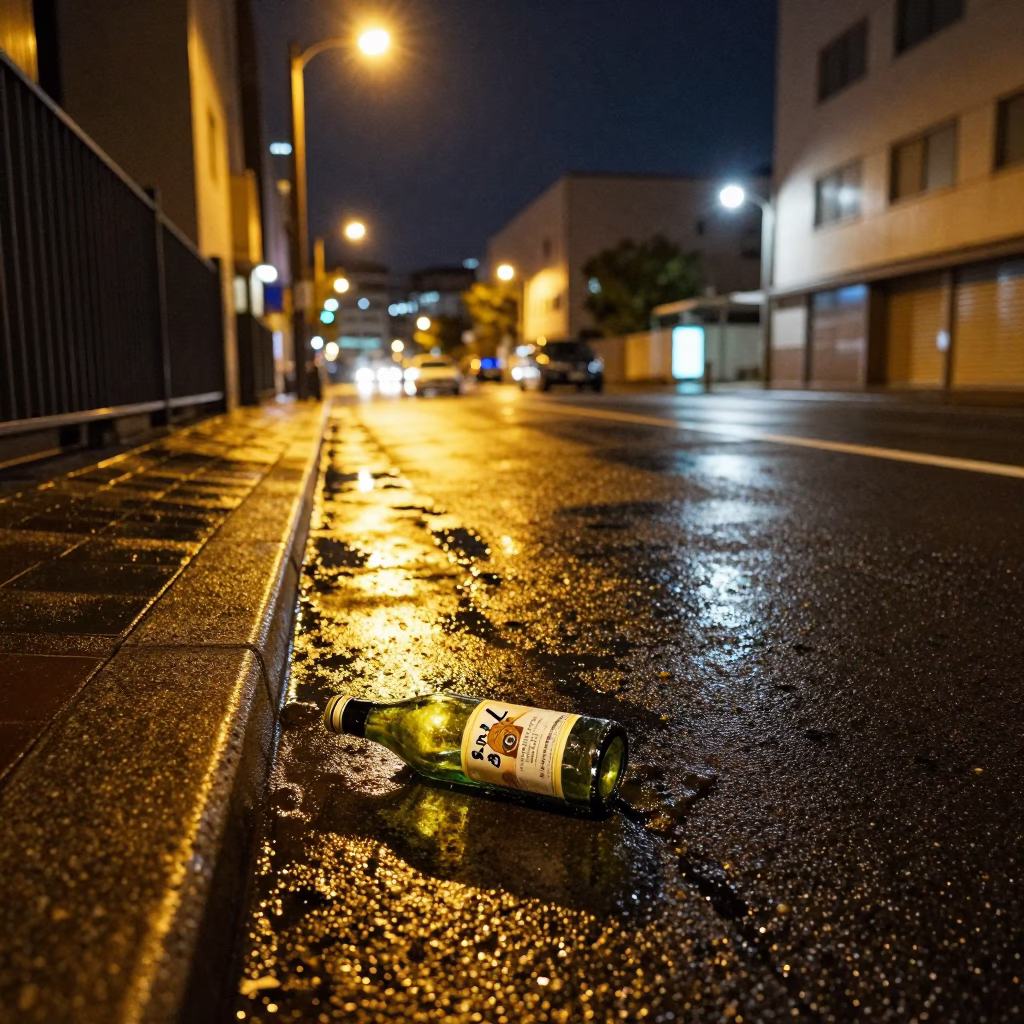 Late Night Sapporo Street Scene with Bottle and Grease Sheen Under Streetlights in in Sapporo, Japan