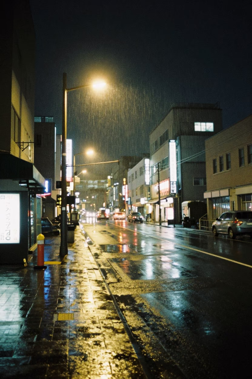 Late Night Sapporo Street Scene with Condensation and Urban Elements in in Sapporo, Japan