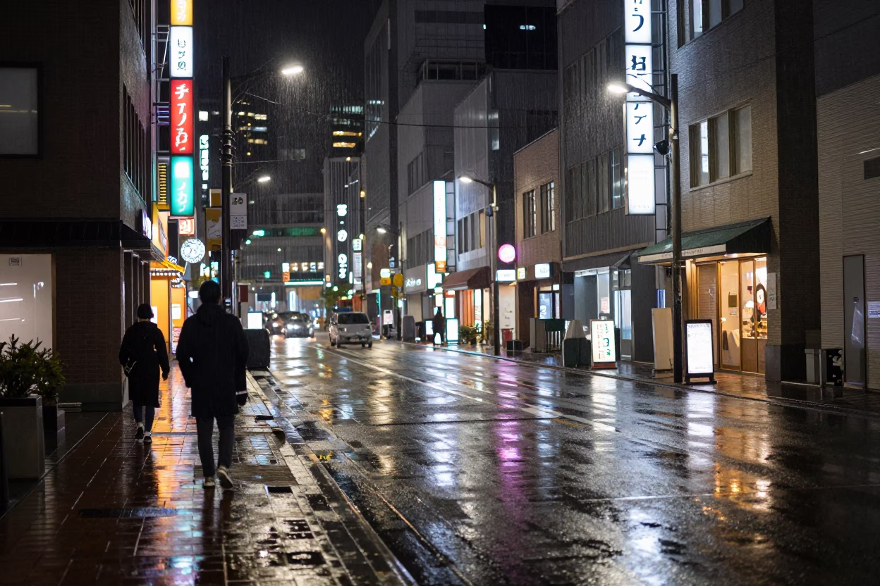 Late Night Sapporo Street Scene with Condensation and Urban Life in in Sapporo, Japan
