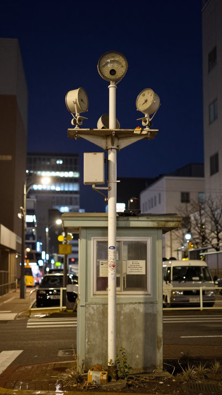 Late Night Sapporo Street Scene with Crumbling Weather Station and Urban Decay in in Sapporo, Japan