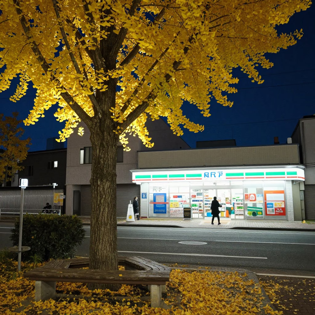 Late Night Sapporo Street Scene with Ginkgo Leaves and Vintage Majolica Plate in in Sapporo, Japan