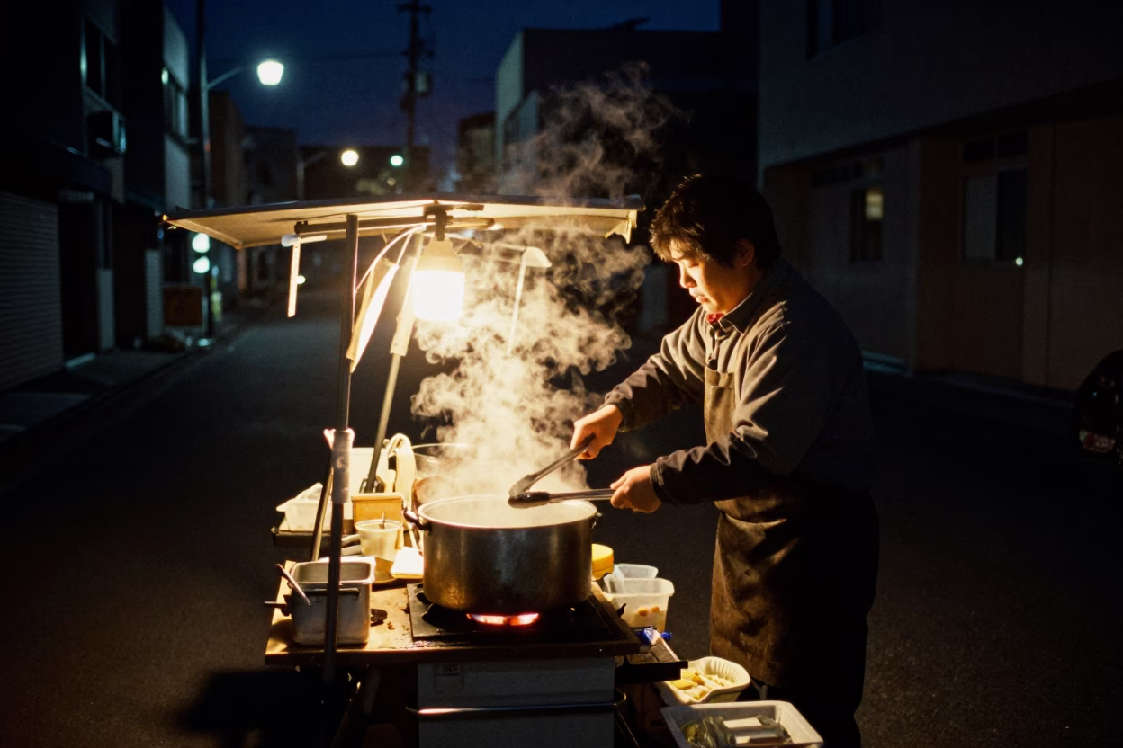 Late Night Sapporo Street Scene with Ice Tongs and Oysters Under Deep Night Sky in in Sapporo, Japan