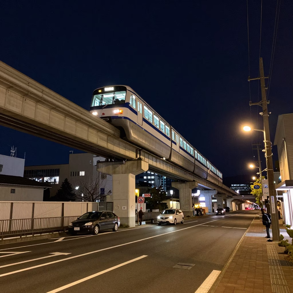 Late Night Sapporo Street Scene with Monorail Overpass and Urban Details in in Sapporo, Japan