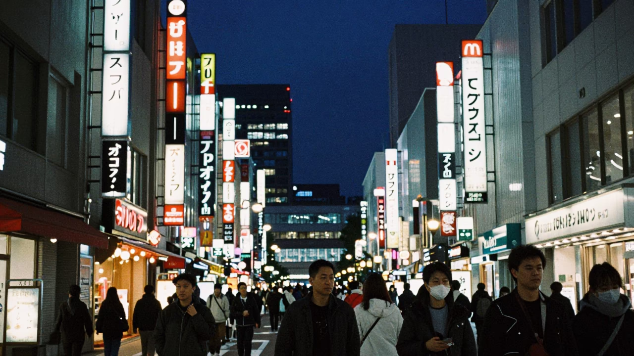 Late Night Sapporo Street Scene with Neon Lights and Urban Activity in in Sapporo, Japan