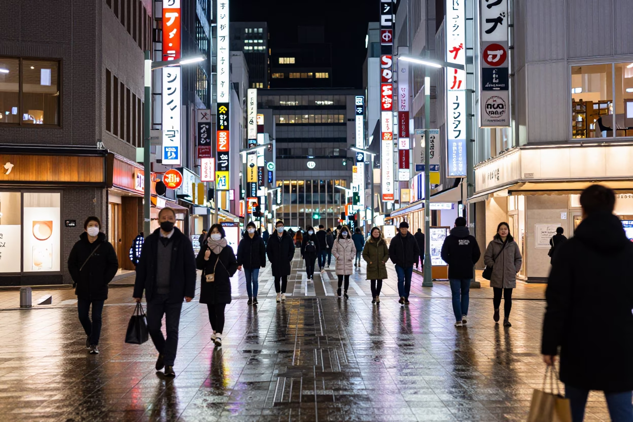 Late Night Sapporo Street Scene with Neon Reflections and Busy Pedestrians at Midnight in in Sapporo, Japan