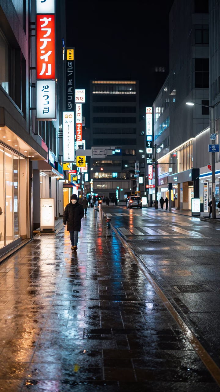 Late Night Sapporo Street Scene with Neon Reflections and Urban Details in in Sapporo, Japan