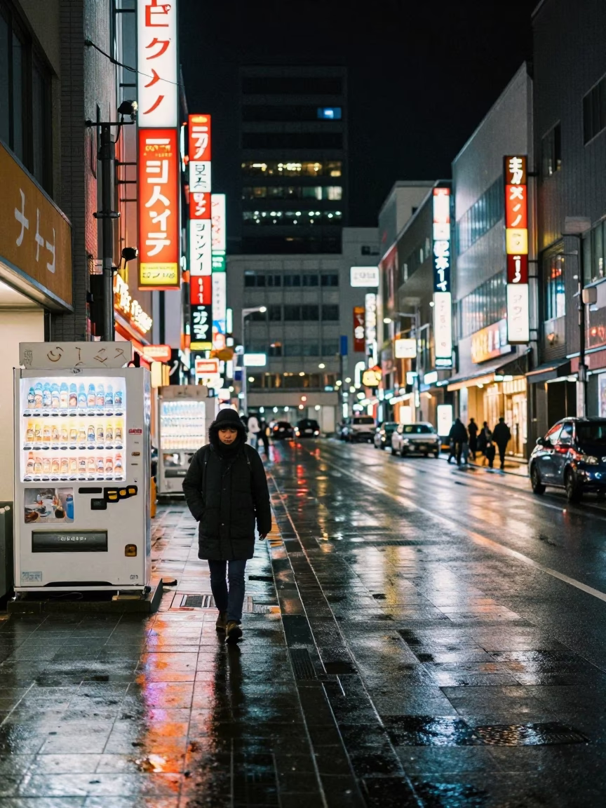 Late Night Sapporo Street Scene with Neon Signs and Urban Details in in Sapporo, Japan