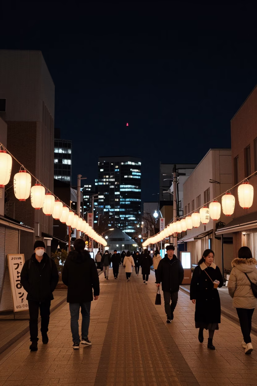 Late Night Sapporo Street Scene with Paper Lanterns and City Lights in in Sapporo, Japan