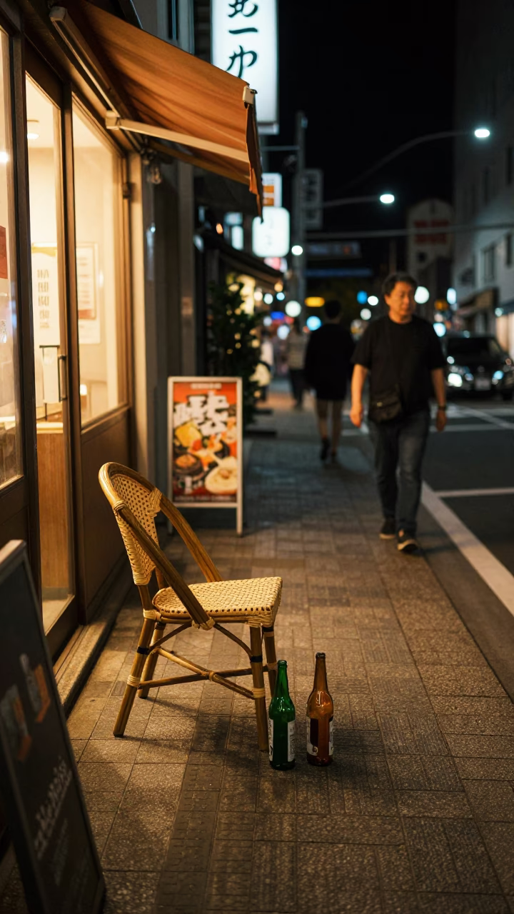 Late Night Sapporo Street Scene with Rattan Chair and Colored Glass Bottle in in Sapporo, Japan