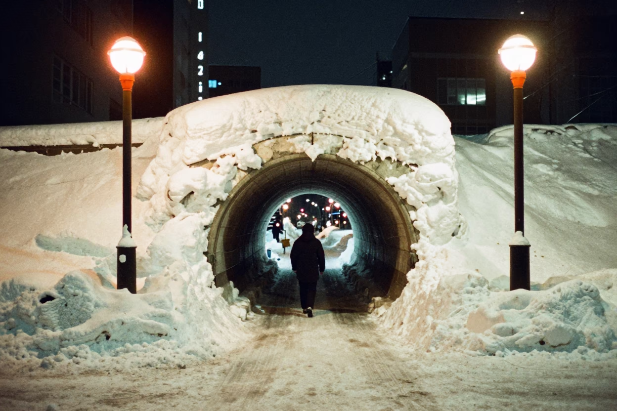 Late Night Sapporo Street Scene with Snow Tunnel and Sodium Lights in in Sapporo, Japan