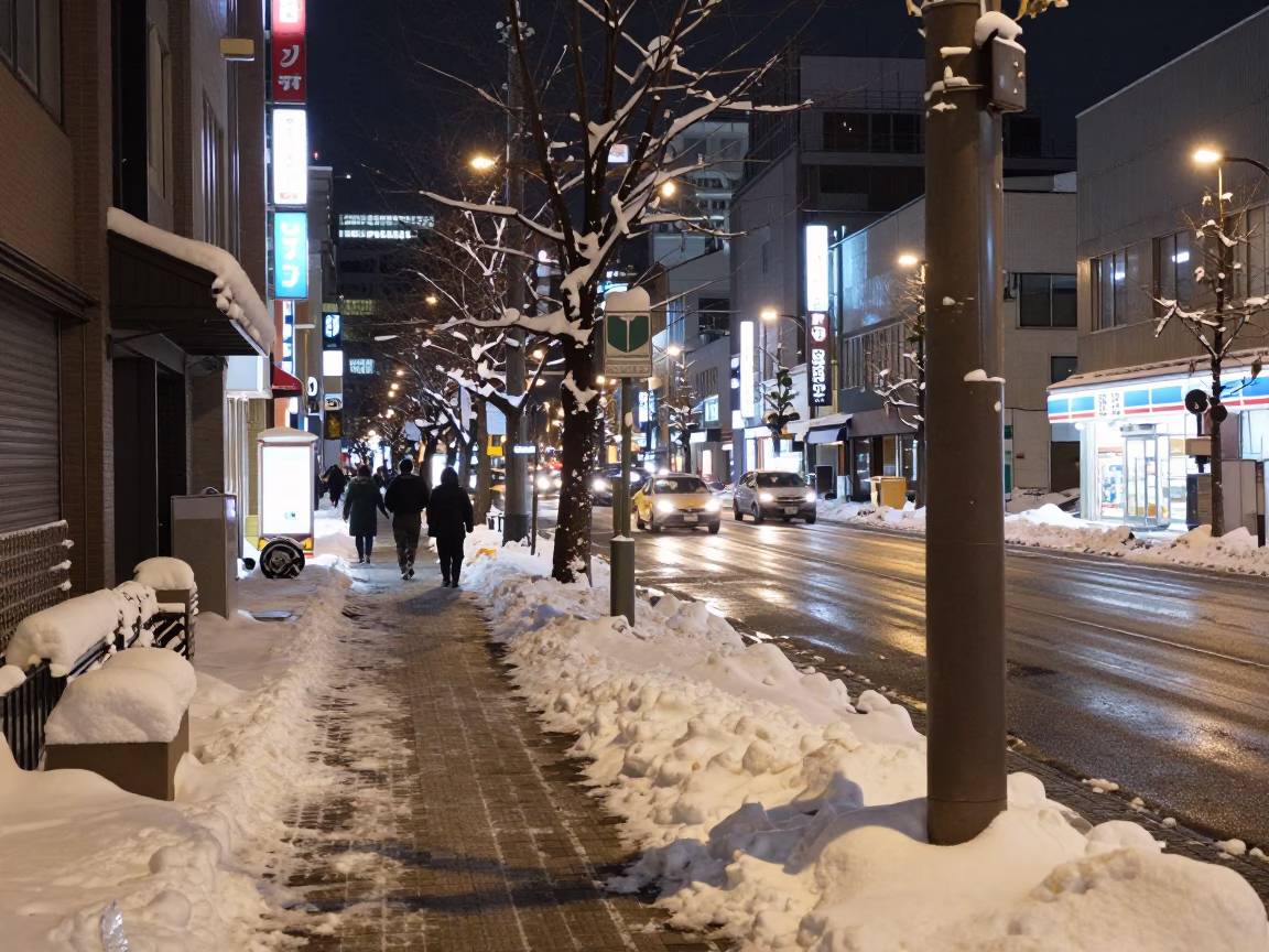 Late Night Sapporo Street Scene with Snowy Sidewalk and Neon Signs in in Sapporo, Japan