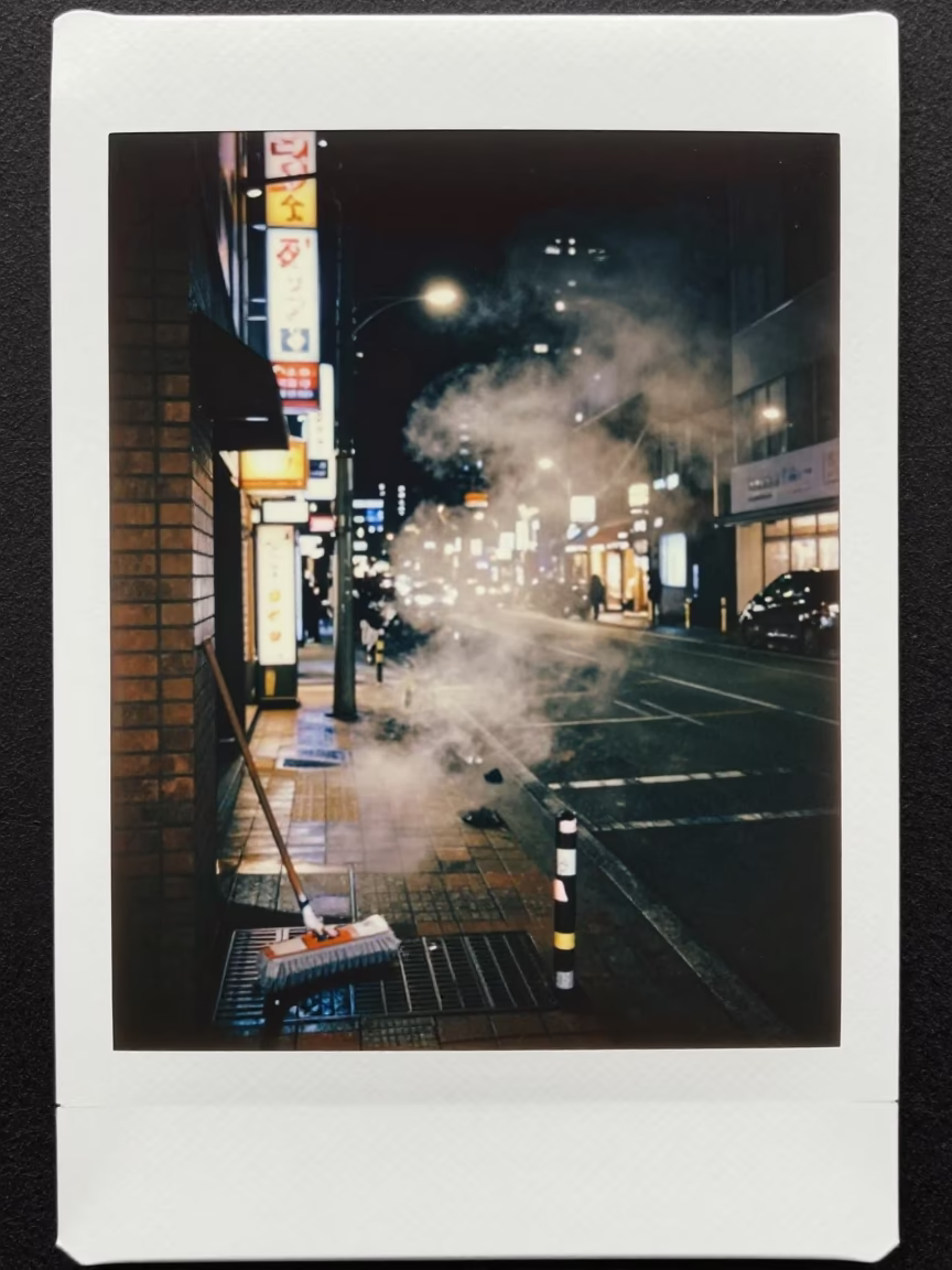 Late Night Sapporo Street Scene with Steam Rising from Cup and Urban Drain Details in in Sapporo, Japan