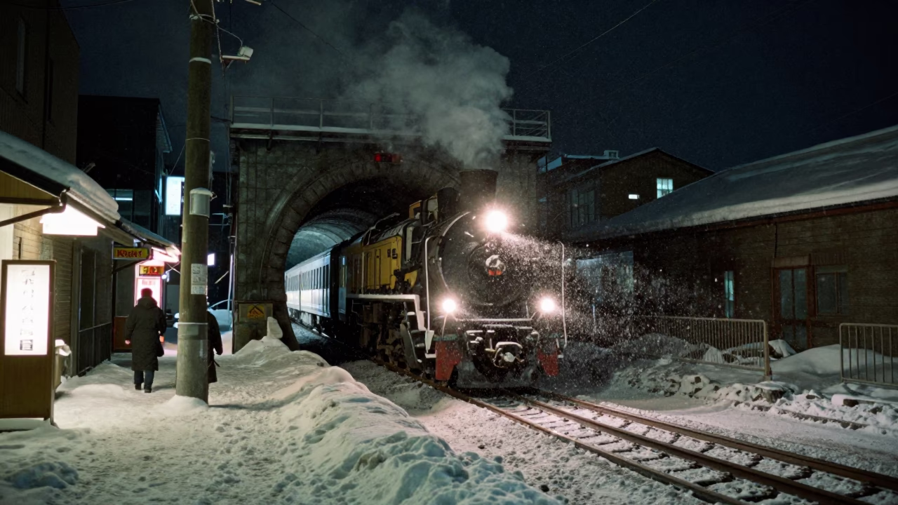 Late Night Sapporo Street Scene with Steam Train Tunnel and Snow in in Sapporo, Japan