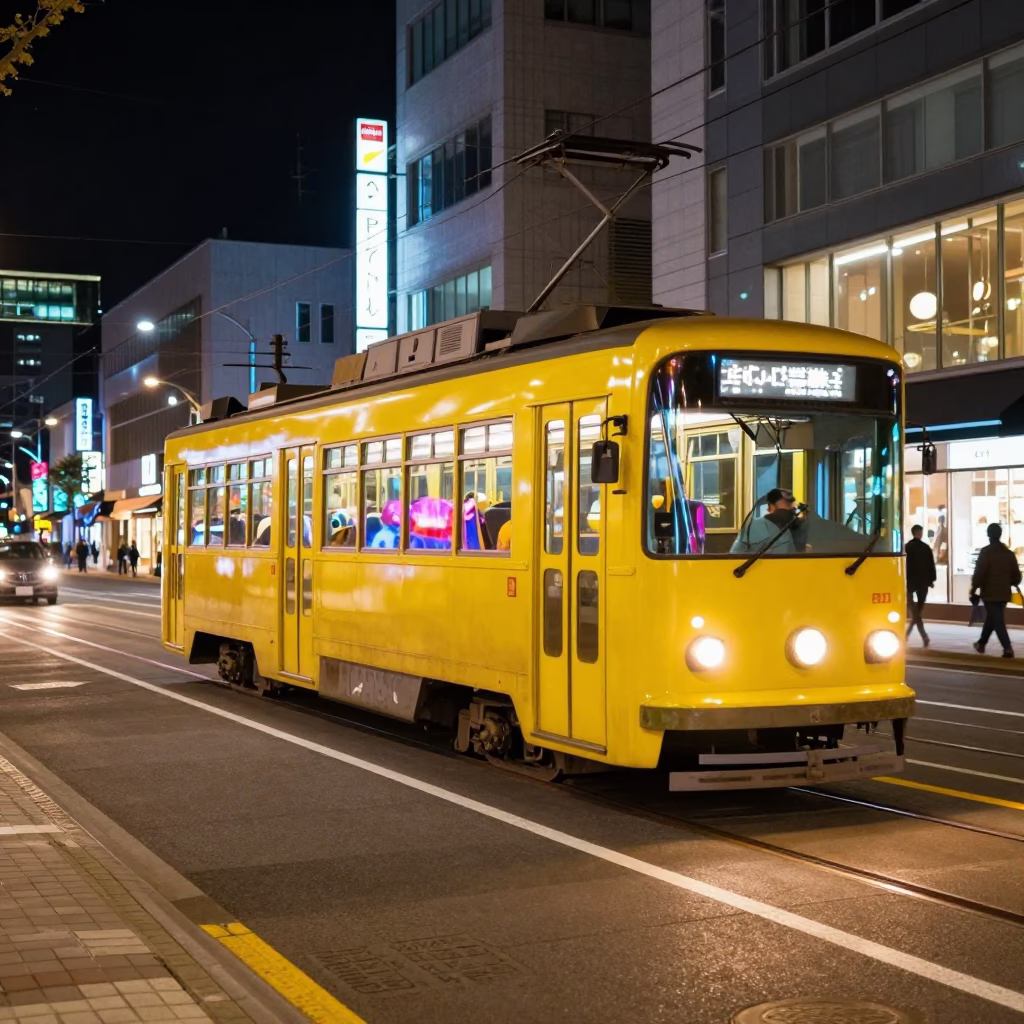 Late Night Sapporo Street Scene with Tram and Neon Lights in in Sapporo, Japan