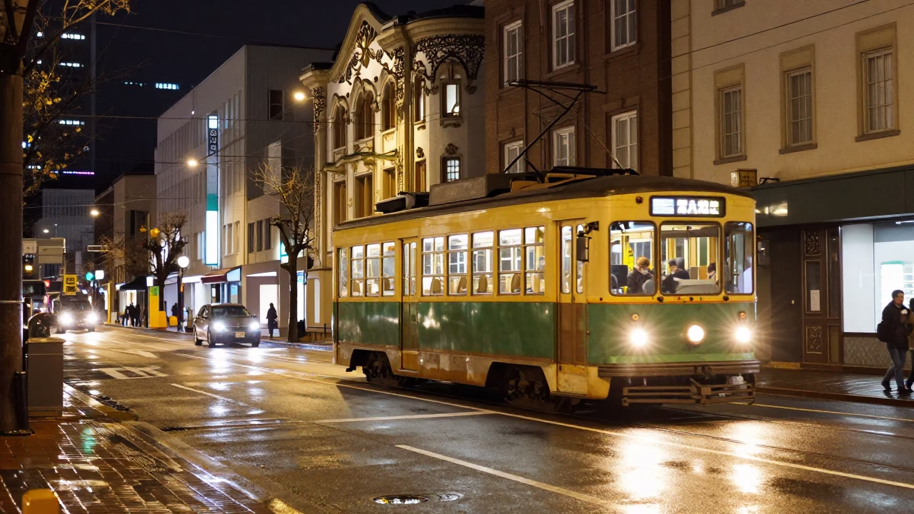Late Night Sapporo Street Scene with Tram and Vintage Architecture in in Sapporo, Japan