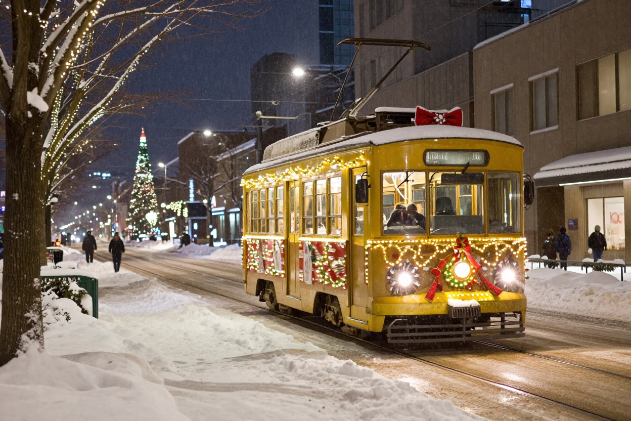 Late Night Sapporo Street Scene with Tramcar and Snowy Avenue in in Sapporo, Japan