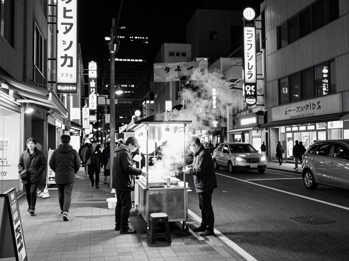 Late Night Sapporo Street Scene with Vintage Neon Signs and Diners in 1950s Japan in in Sapporo, Japan