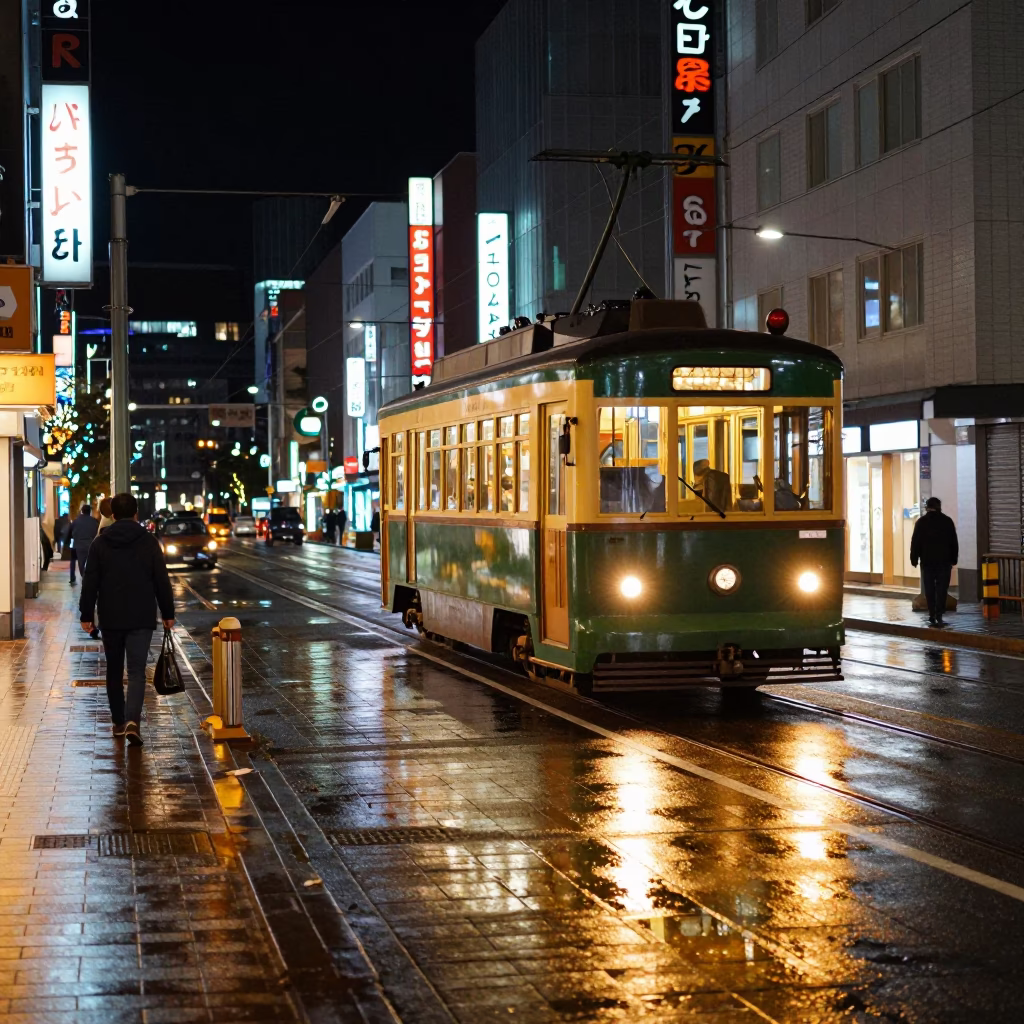 Late Night Sapporo Street Scene with Vintage Tram and Illuminated Cityscape in in Sapporo, Japan