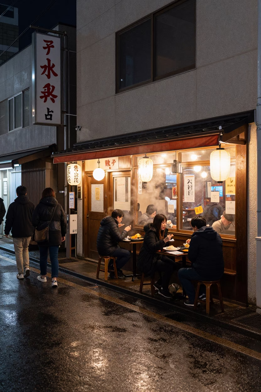Late Night Sapporo Street Scene with Warm Lit Restaurant Window and Wet Pavement Reflections in in Sapporo, Japan