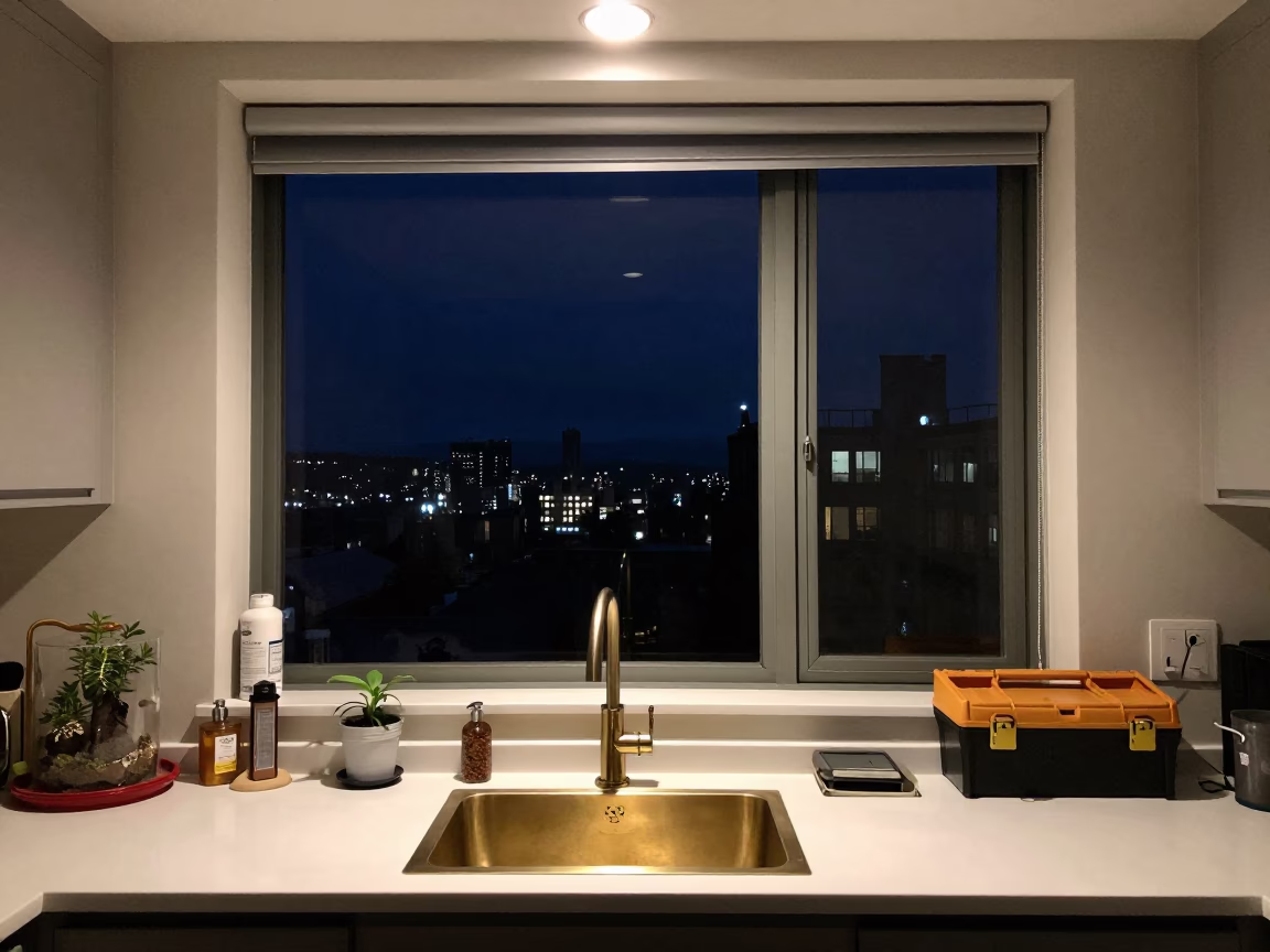 Late Night Seattle Apartment Interior with Terrarium and Toolbox Under Deep Night Sky in in Seattle, Washington, United States