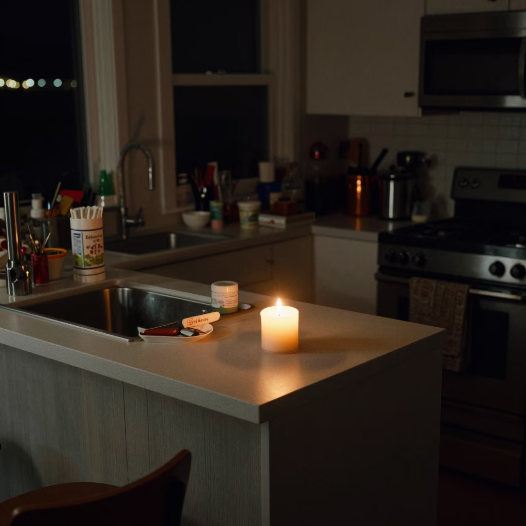 Late Night Seattle Apartment Kitchen Counter with Taper Candle and Persian Rice in in Seattle, Washington, United States
