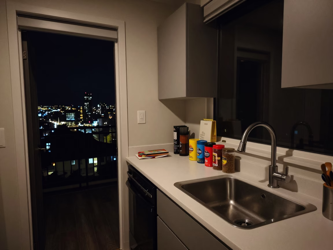 Late Night Seattle Apartment Kitchen with Spice Tins and Empty Folding Chairs in in Seattle, Washington, United States