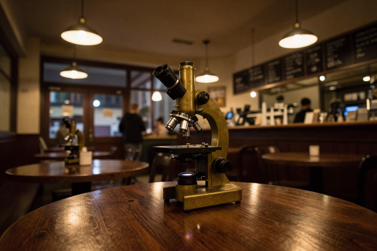 Late Night Seattle Coffee Shop Interior with Brass Microscope and Coffee Tin in in Seattle, Washington, United States