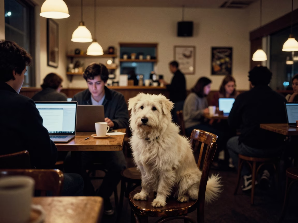 Late Night Seattle Coffee Shop Interior with Dog and Ramen Bowl in in Seattle, Washington, United States