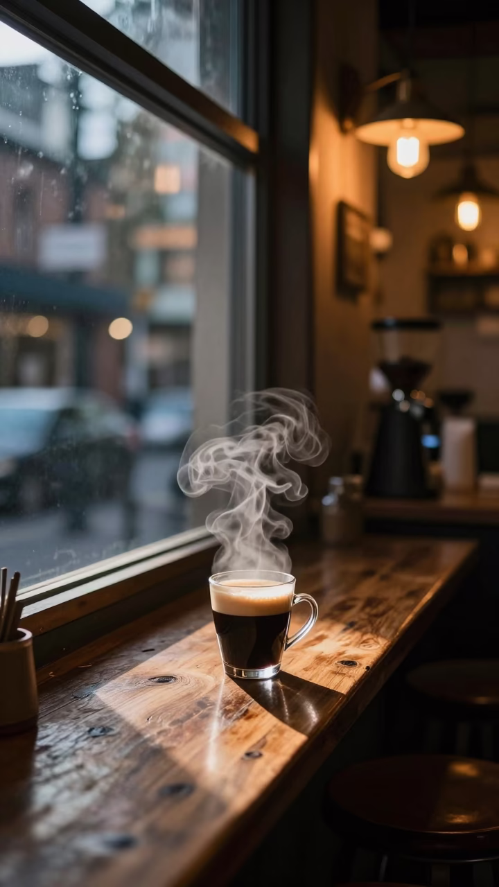 Late Night Seattle Coffee Shop Interior with Steam and City Lights in in Seattle, Washington, United States