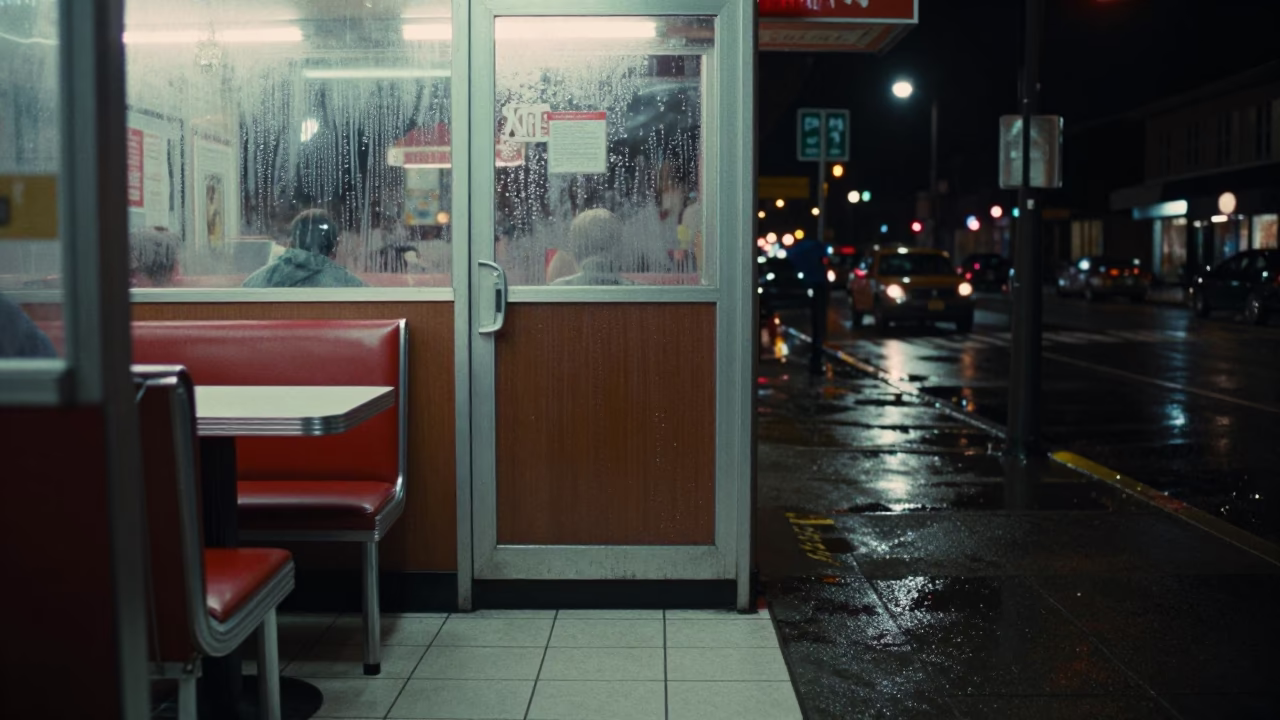 Late Night Seattle Diner Interior with Condensation and Street View in in Seattle, Washington, United States