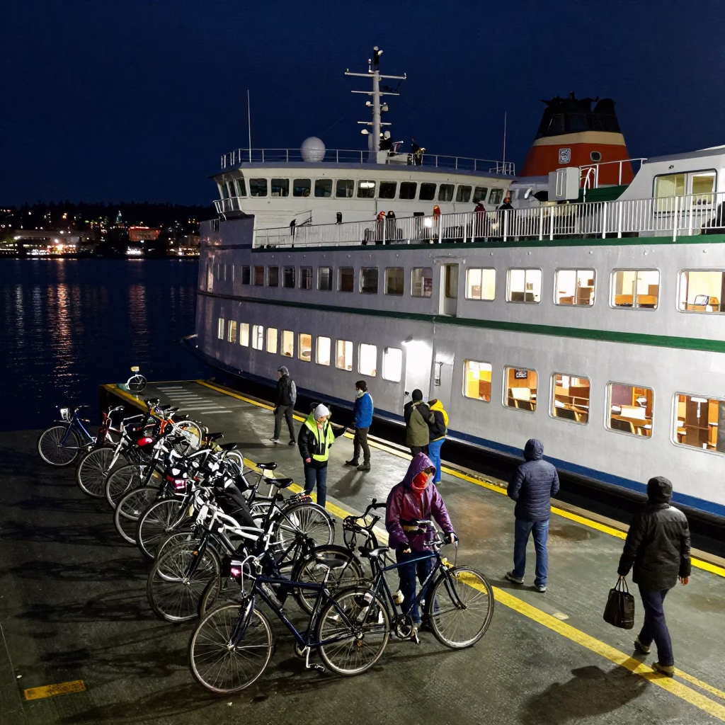Late Night Seattle Ferry Dock with Bicycle Loading and Urban Night Ambience in in Seattle, Washington, United States