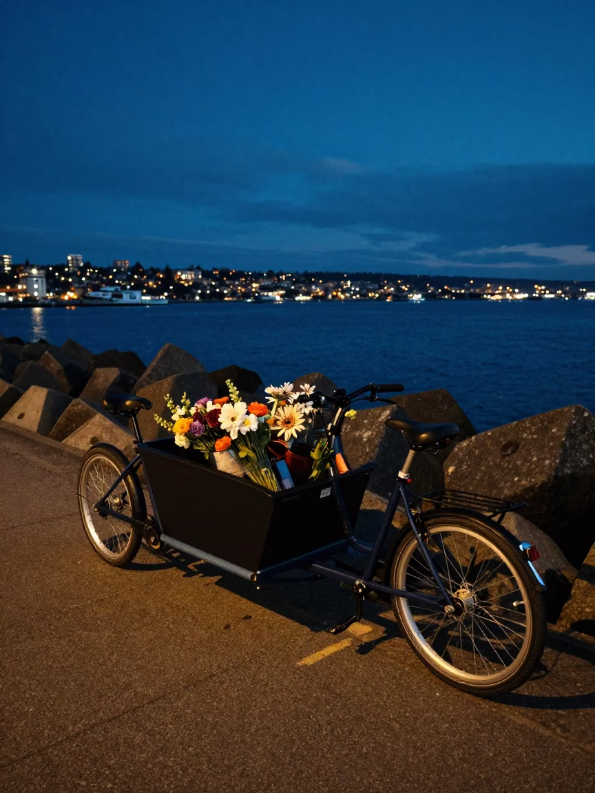 Late Night Seattle Harbor Breakwater with Cargo Bicycle and Desk Lamp in in Seattle, Washington, United States