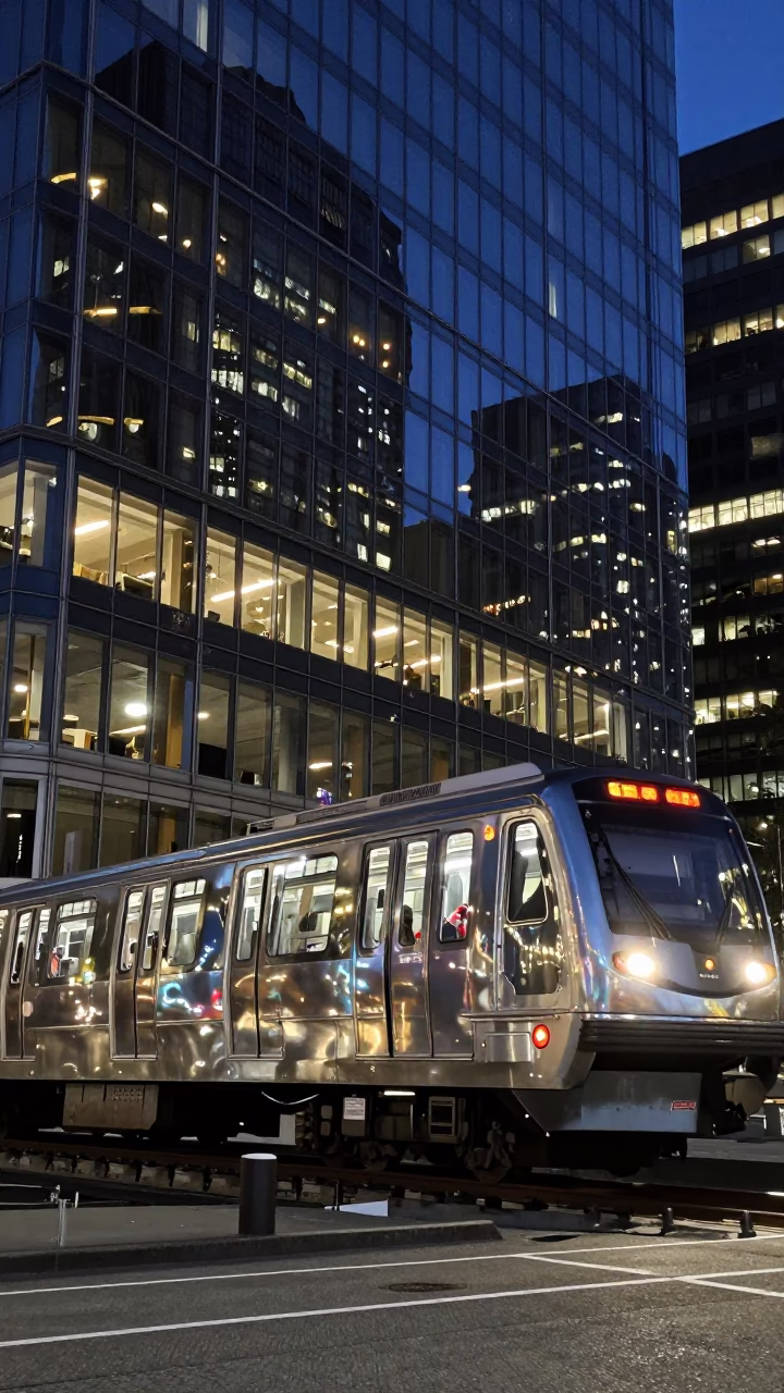 Late Night Seattle Monorail Reflection in Glass Skyscraper Downtown Washington in in Seattle, Washington, United States