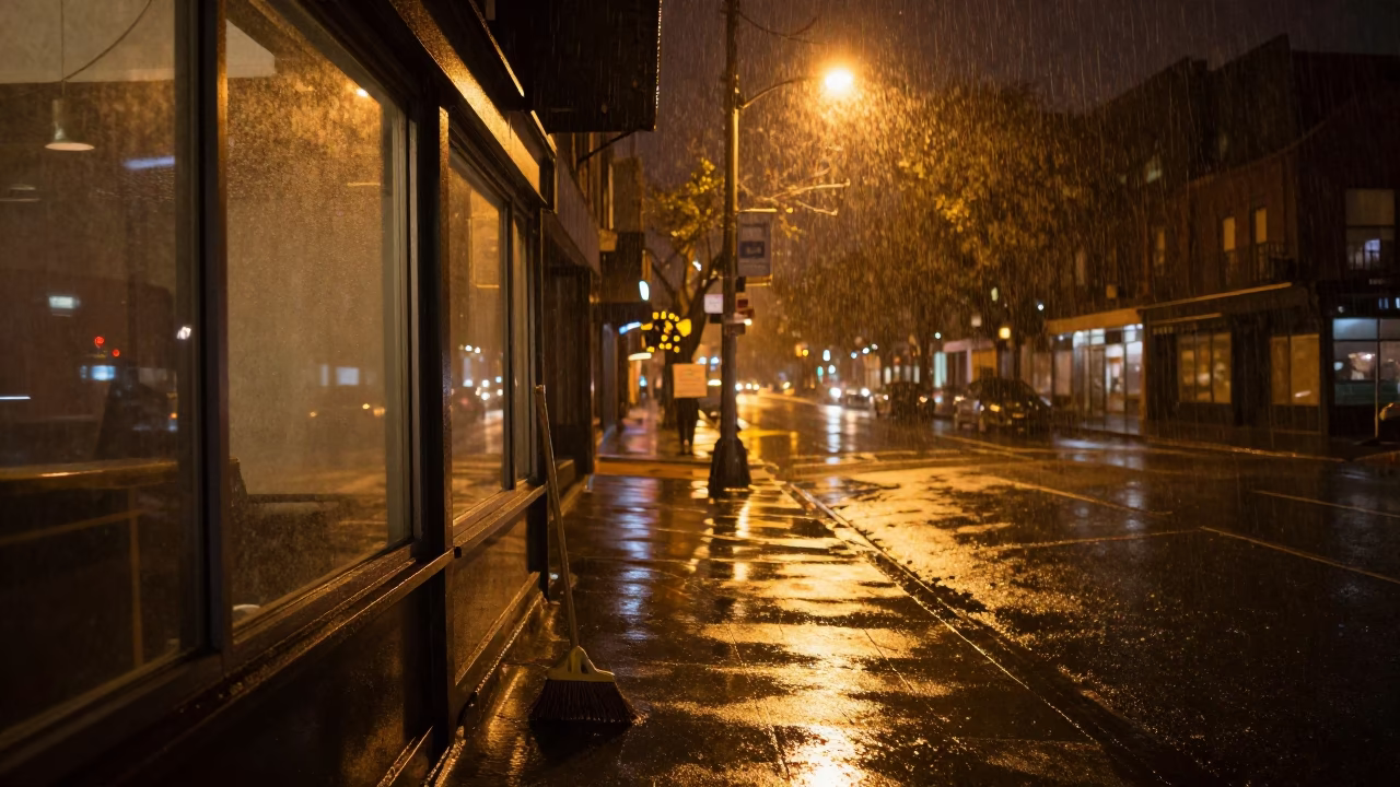 Late Night Seattle Rainy Street Scene with Broom and Condensation on Glass Window in in Seattle, Washington, United States