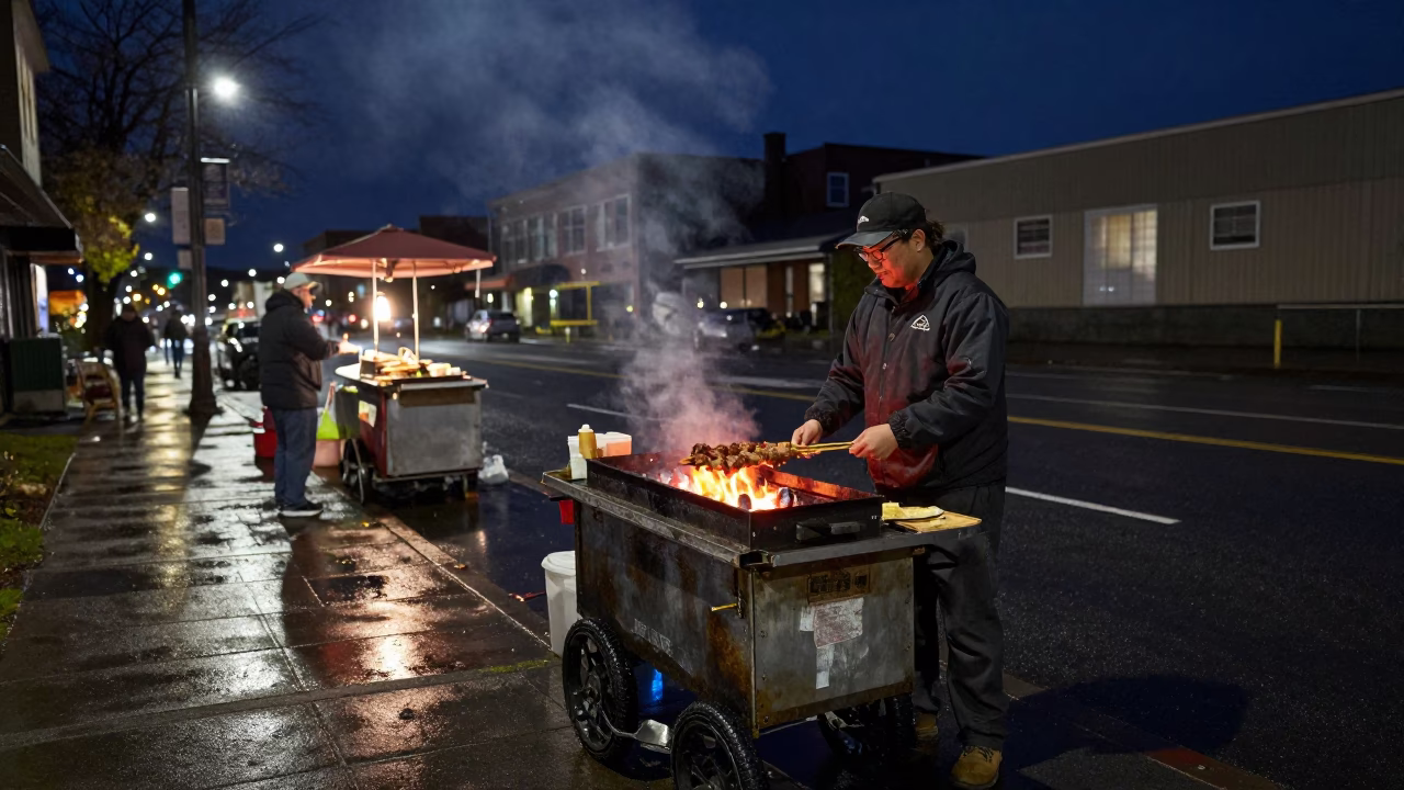 Late Night Seattle Street Food Kebab Grilling Over Glowing Coals Under Dark Sky in in Seattle, Washington, United States