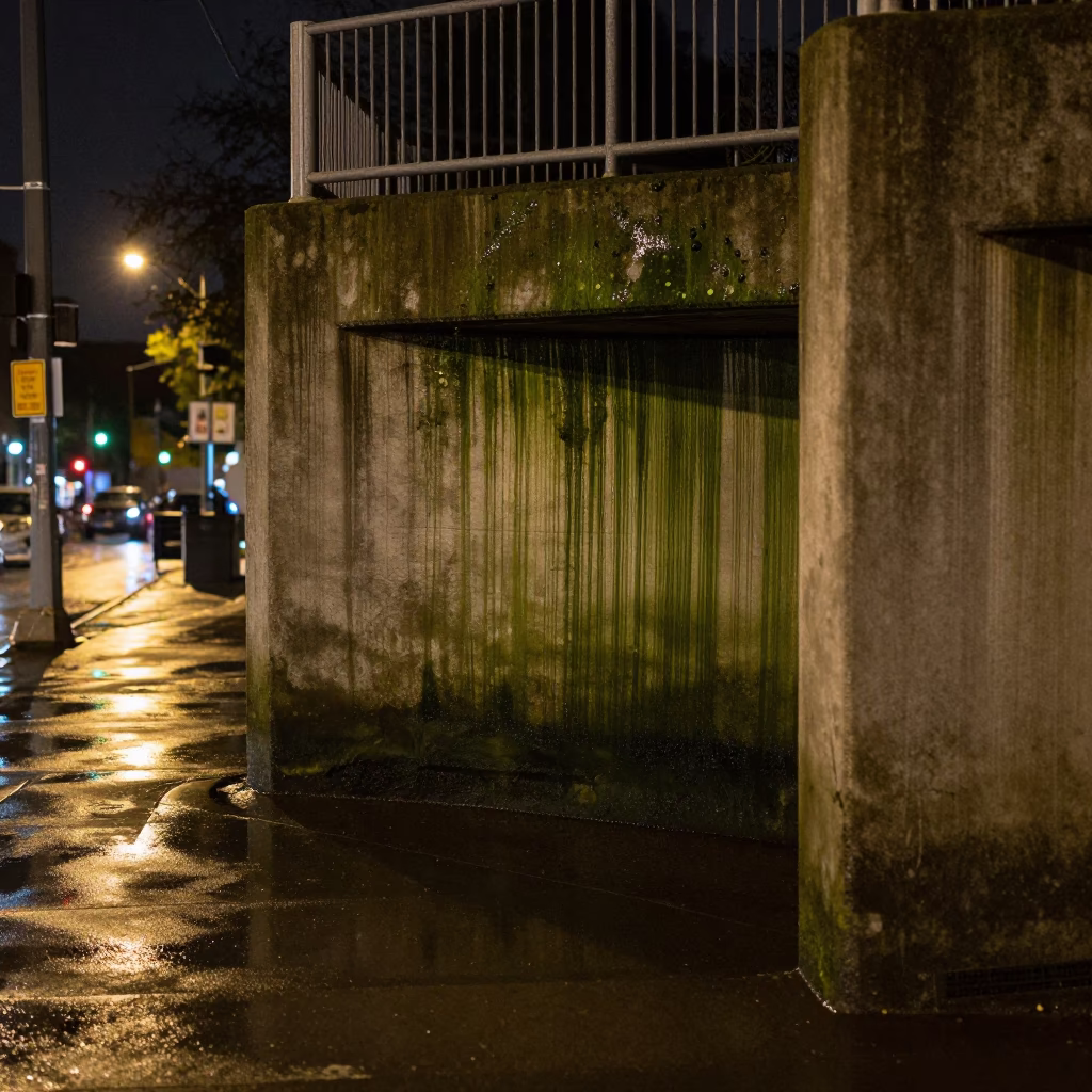 Late Night Seattle Street Scene with Algae Streaked Concrete and Urban Concrete Textures in in Seattle, Washington, United States
